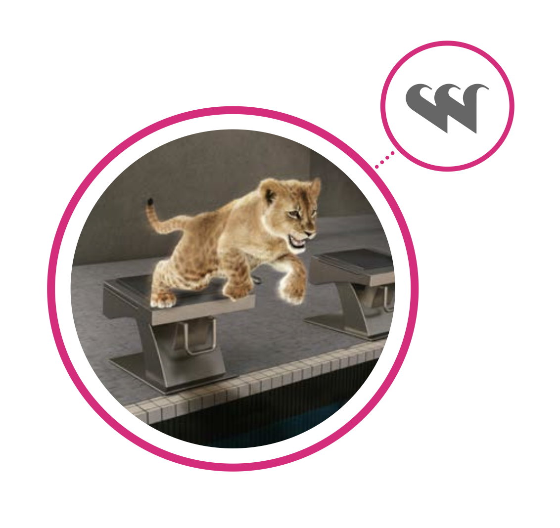 Der junge Löwe auf dem Startblock – Maskottchen der Abstimmungskampagne SchwimmenPlus